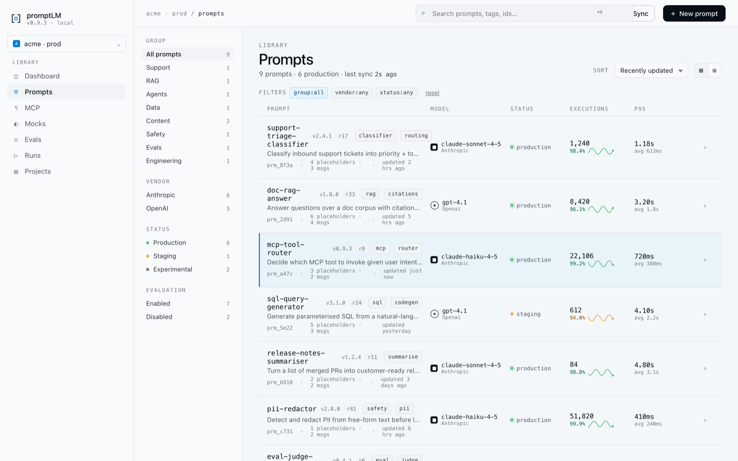 promptLM studio — prompt catalog with version, model, status, and execution counts
