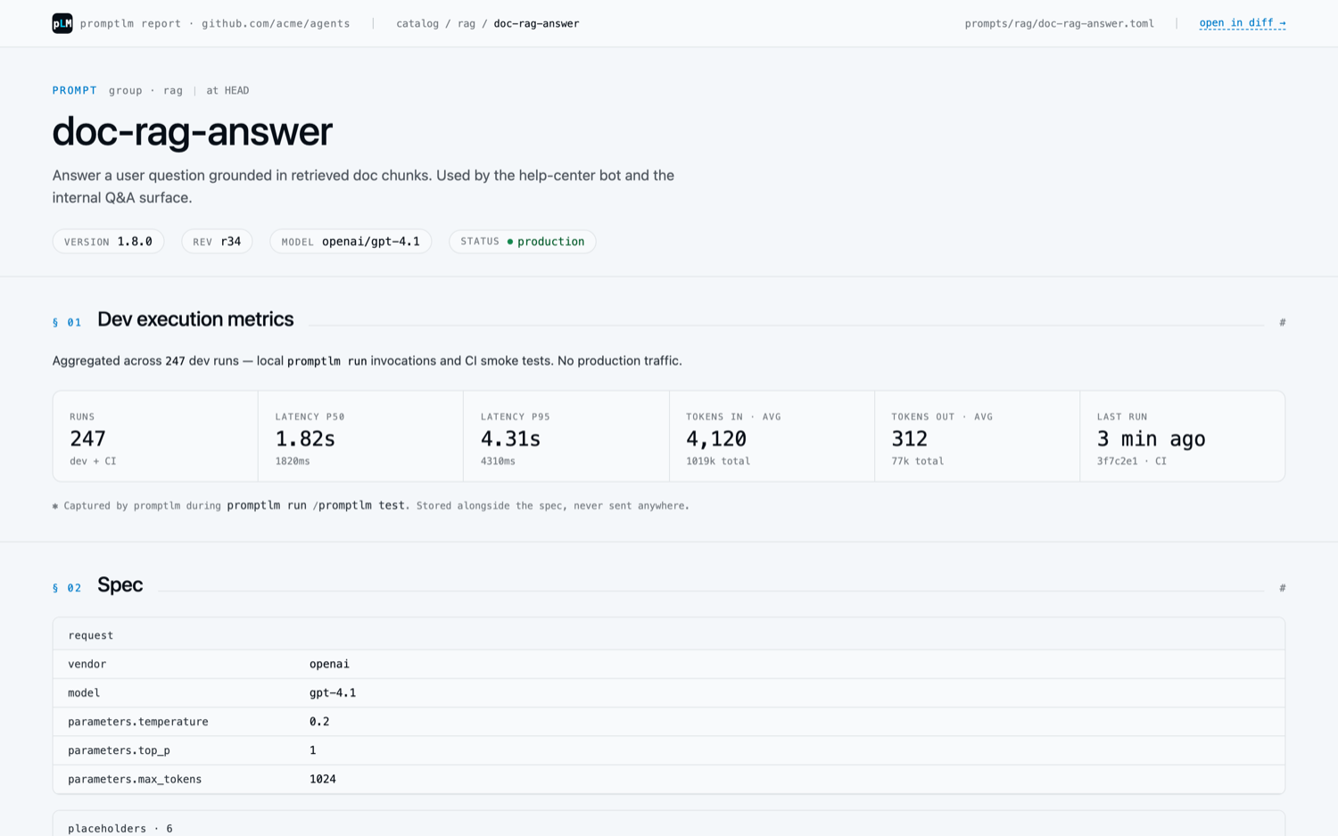 promptLM studio — prompt detail showing version 1.8.0, model, parameters, and dev execution metrics